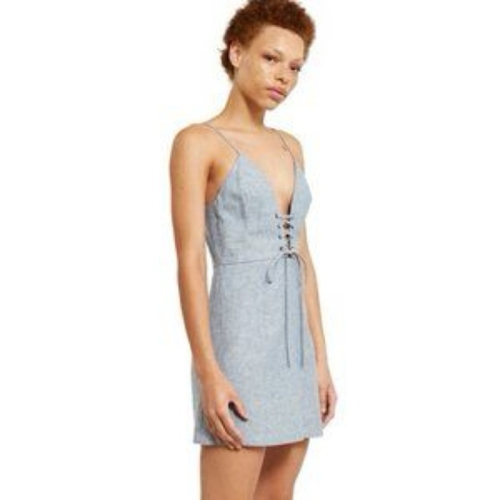 Callipygian Chambray Lace-Up Spaghetti Strap Dress